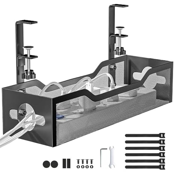 Under Desk Cable Management Tray Black, Cable Management Under Desk No Drill, Cable Organizer with Clamp for Wire Management, Cord Organizer No Damage to Desk for Office, Home