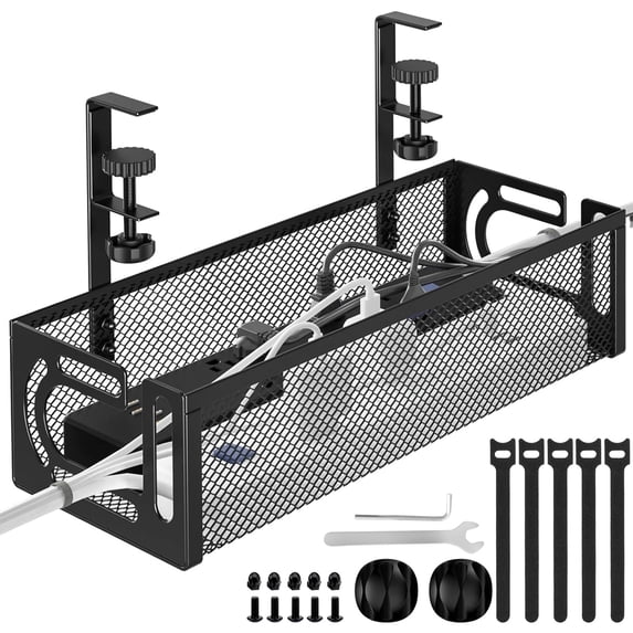 Under Desk Cable Management Tray Black, IRmm Cable Management Under Desk No Drill, Cable Tray with Clamp for Desk Wire Management,Desk Cable Management Box for Office, Home - No Damage to Desk