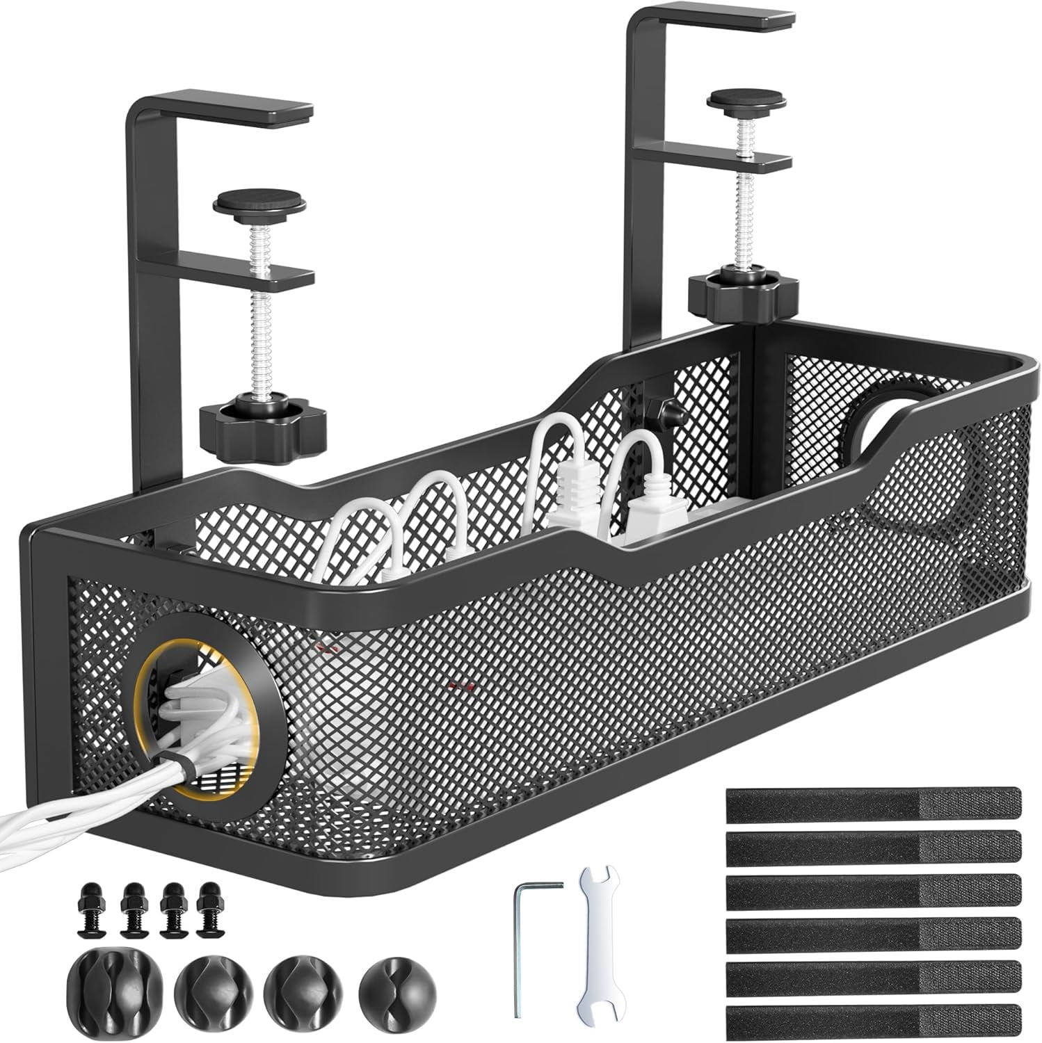 Under Desk Cable Management Tray Black,  Wire Organizers No Drill, Cable Tray with Clamp for Wire Management, Cord Organization Box for Office, Home - No Damage to Desk