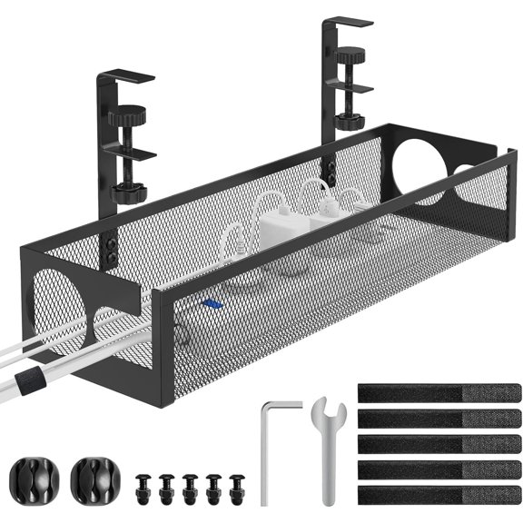 Under Desk Cable Management Tray No Drill 15.1’’, Metal Mesh Cable Management Box with Hybrid Side Slots Cable Raceway,Adjustable Cable Tray with Wire Management for Office Home,1 Pack (Black)
