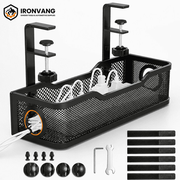 Under Desk Cable Management Tray No Drill, Clamp-On Metal Cord Organizer for Desk, Wire Management Rack with Cable Clips & Ties for Office, Gaming Setup, Home Desk