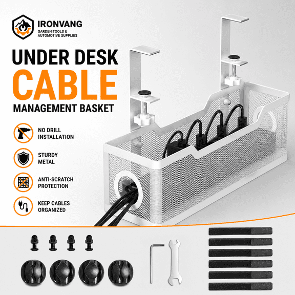 Under Desk Cable Management Tray No Drill, Clamp-On Metal Cord Organizer for Desk, Wire Management Rack with Cable Clips & Ties for Office, Gaming Setup, Home Desk