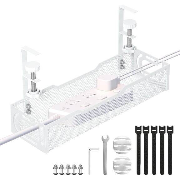 Under Desk Cable Management Tray, No Drill Mesh Desk Cable Tray, Wire Management Tray Cable Management Rack, Wire Organizer and Cable Management Box (White)