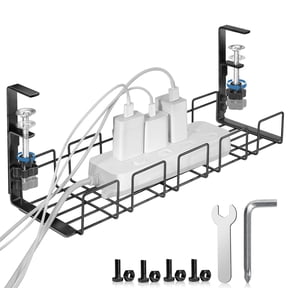 Under Desk Cable Management Tray No Drill, Metal Cord Management Under Desk Basket with Clamp, Inward or Outward Computer Wire Organizer for Desk, Office Home Cable Organizer Rack Shelf Black