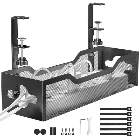 Under Desk Cable Management Tray No Drill, Metal Mesh with Clamp Mount, 2 Hole Wire and Cord Organizer for Home Office Standing