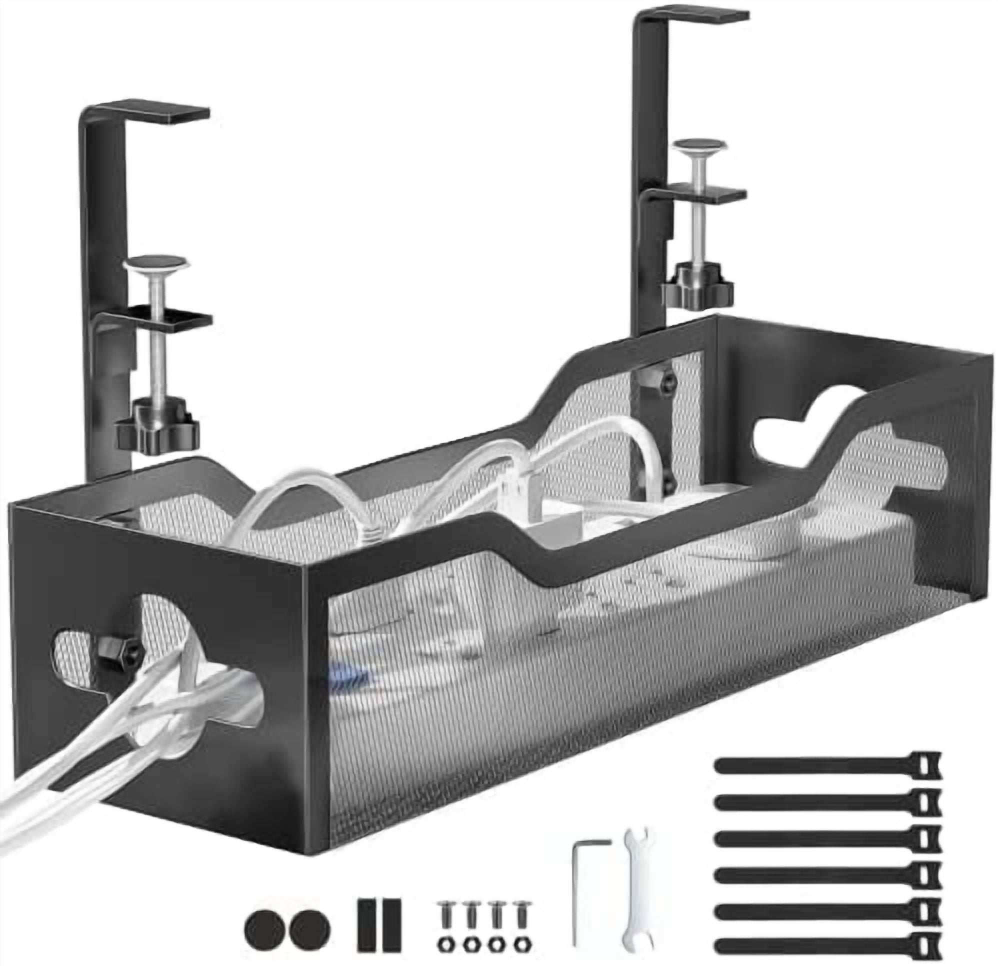 Under Desk Cable Management Tray No Drill, Metal Mesh Cable Management Under Desk with Clamp Mount, 2 Hole Cable Tray with Wire Management and Cord Organizer for Home Office Standing Desk