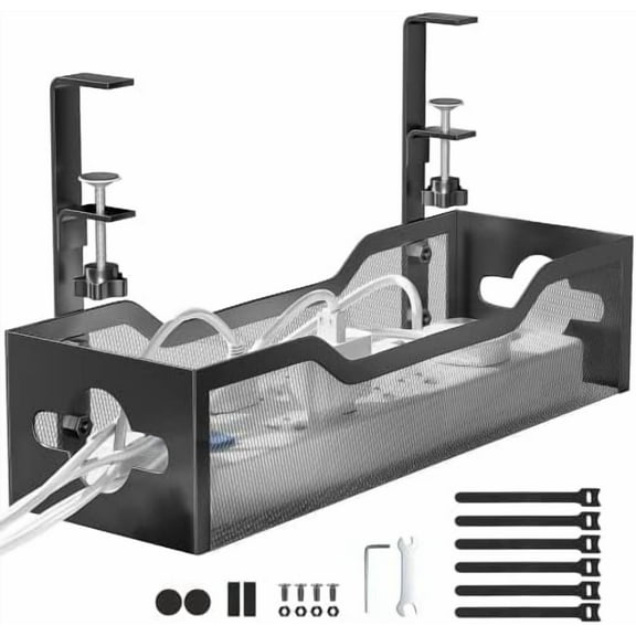 Under Desk Cable Management Tray No Drill, Metal Mesh Cable Management Under Desk with Clamp Mount, 2 Hole Cable Tray with Wire Management and Cord Organizer for Home Office Standing Desk