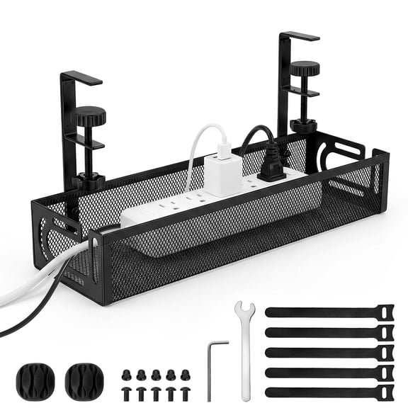 Under Desk Cable Management Tray No Drill, Metal Mesh Cable Management Under Desk with Clamp Mount, 2 Hole Cable Tray with Wire Management and Cord Organizer for Home Office Standing Desk
