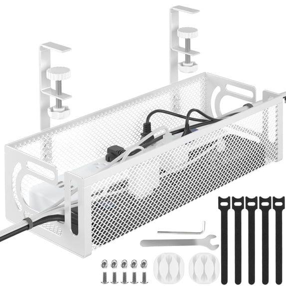 Under Desk Cable Management Tray White, IRmm Cable Management Under Desk No Drill, Cable Tray with Clamp for Desk Wire Management,Desk Cable Management Box for Office, Home - No Damage to Desk