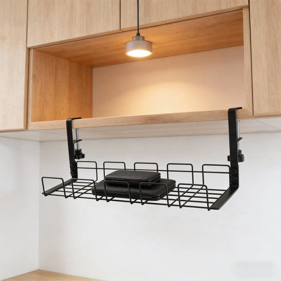 Under Desk Cable Organizer Shelf No Drill Clamp Mount - Stainless Steel Under Table Wire Management Tray, Adjustable Clamp Design, Ventilated Mesh, Damage-Free Install