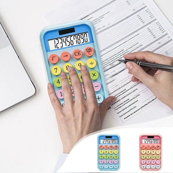 Desk Calculator | 10-Digit LCD Display | Large Candy Color Buttons | Solar & Battery Powered | Ergonomic Tilted Design | Anti-Slip Pads | 6.29x3.93x1.27in | Blue or Pink | 1 Pack