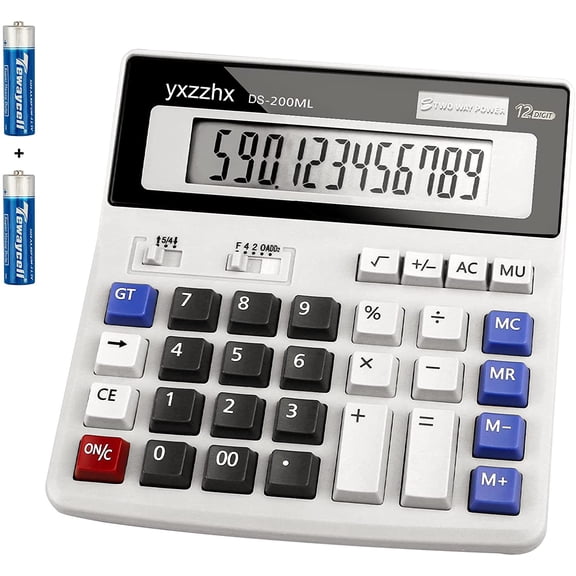 Desk Calculator 12 Digit Extra Large 4.3-Inch LCD Display, Two Way Power Battery and Solar Calculators Desktop, Big Buttons Easy to Press Used as Office Calculators for Desk White