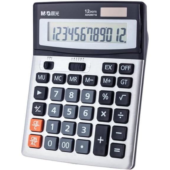 Desk Calculator 12 Digit Extra Large LCD Display Calculators, Dual Solar Power and Battery, Battery Included, Metal Panel Comfort Button Calculator for Office Home