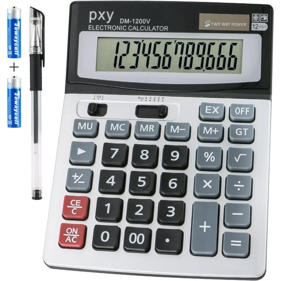 Desk Calculator 12 Digit Extra Large LCD Display, Touch Comfortable with Big Buttons, Two Way Power Battery and Solar Standard Function Office Calculators