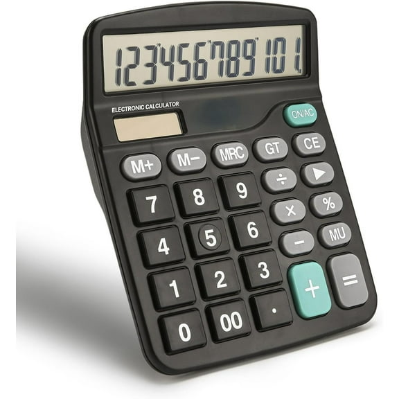 Desk Calculator 12 Digit Office Calculators with Large LCD Display, Dual Solar Power and Battery, Recessed Big Button Calculator for Office Home School (Black)