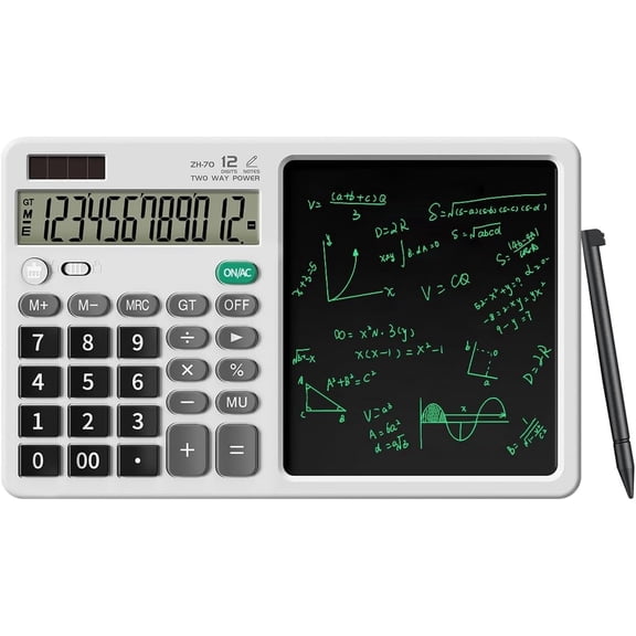 Desk Calculator with Erasable Writing Pad, 12-Digit Wide Screen Display, LCD Notepad, One-Click Clear & Lock Function, Solar and Battery Dual Power for Office,School,Business (White)