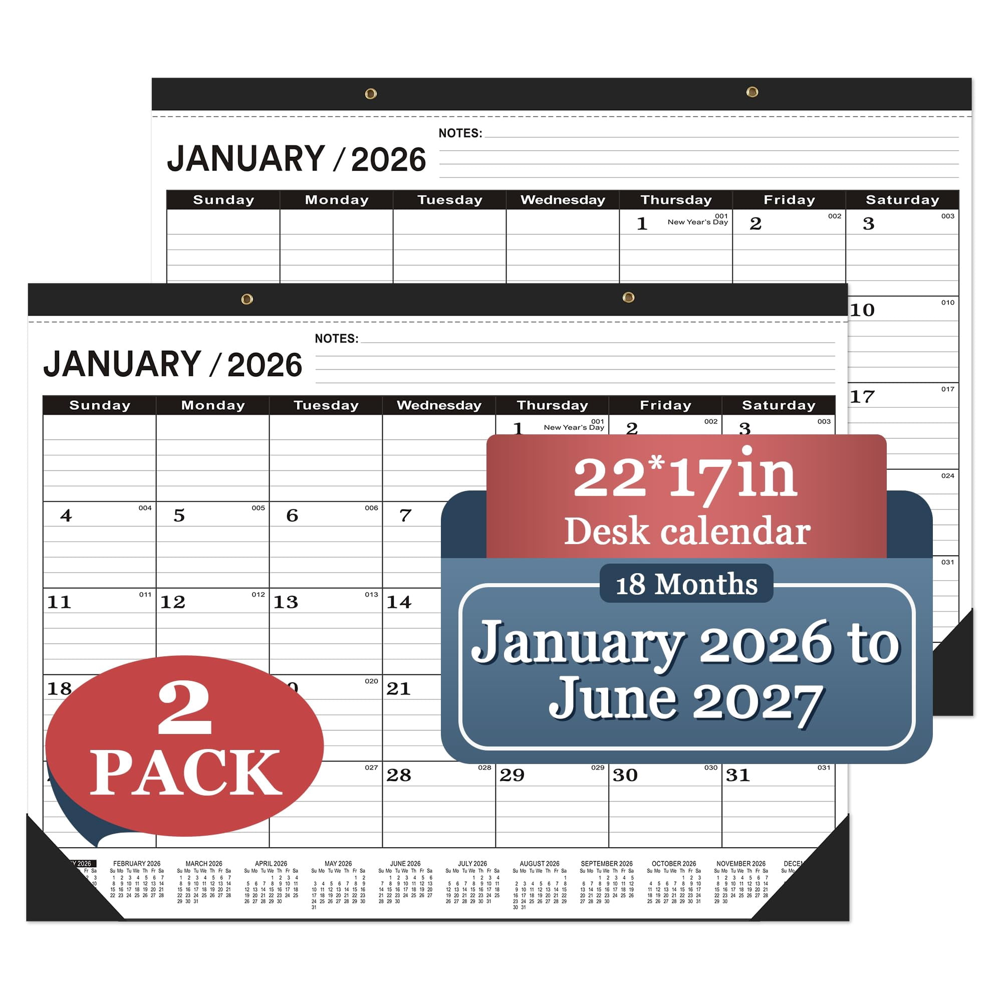 Desk Calendar 2026  2026 Large 22 X17(january 2026 - June 2027) 2026 Classic Black 2026-2027 With Plastic Cover(2 Pack)