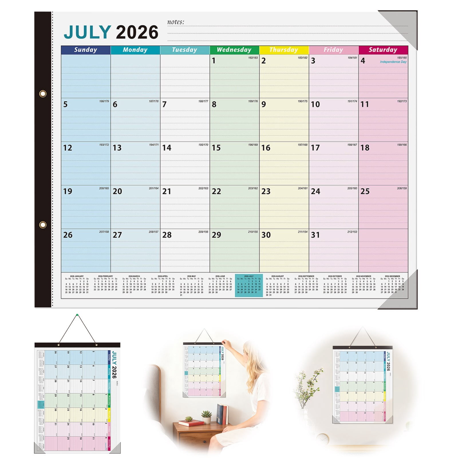 Desk Calendar 2026-2027 12 Months Calendar fromCalendar 2026.7 – 2027.12 (Multi‑Country Holidays Edition) 17" × 12",Monthly Goals, To-do List, Notes for Home School Office,Colorful