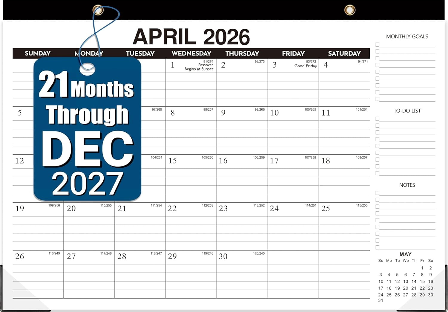 Desk Calendar 2026-2027, 21-Month Apr 2026 - Dec 2027, Large 17"x12" Desk/Wall Calendar, Ample Space, Thick Paper, Plastic Cover, Monthly Calendar 2026 Perfect for Home School & Office Organization