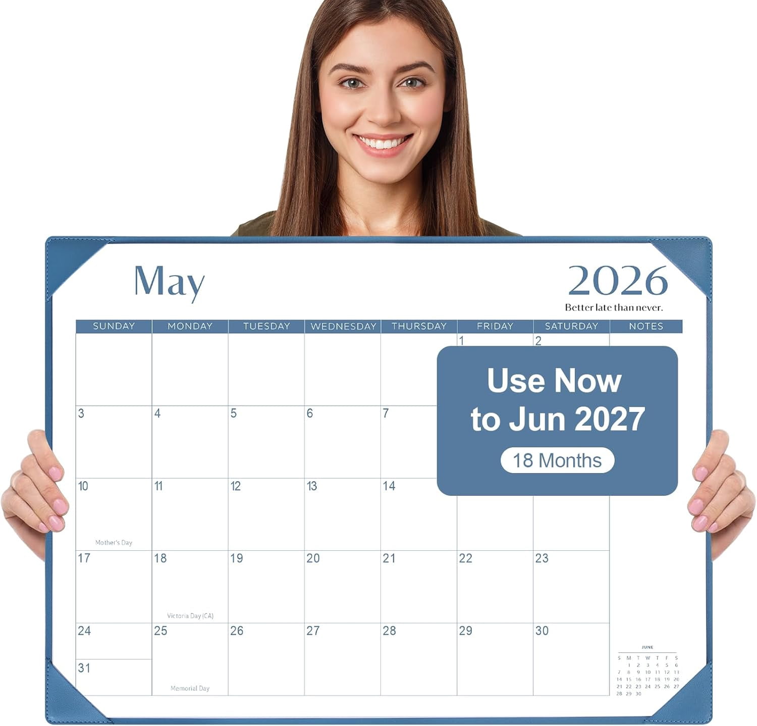 Desk Calendar 2026-2027 with Desktop Mat, Simplified Large 22" x 17" Desktop Pad Calendar, 18 Month Desk Calendar 2026, Use Now to Jun 2027, Office Supplies Perfect for Home School and Office - Blue