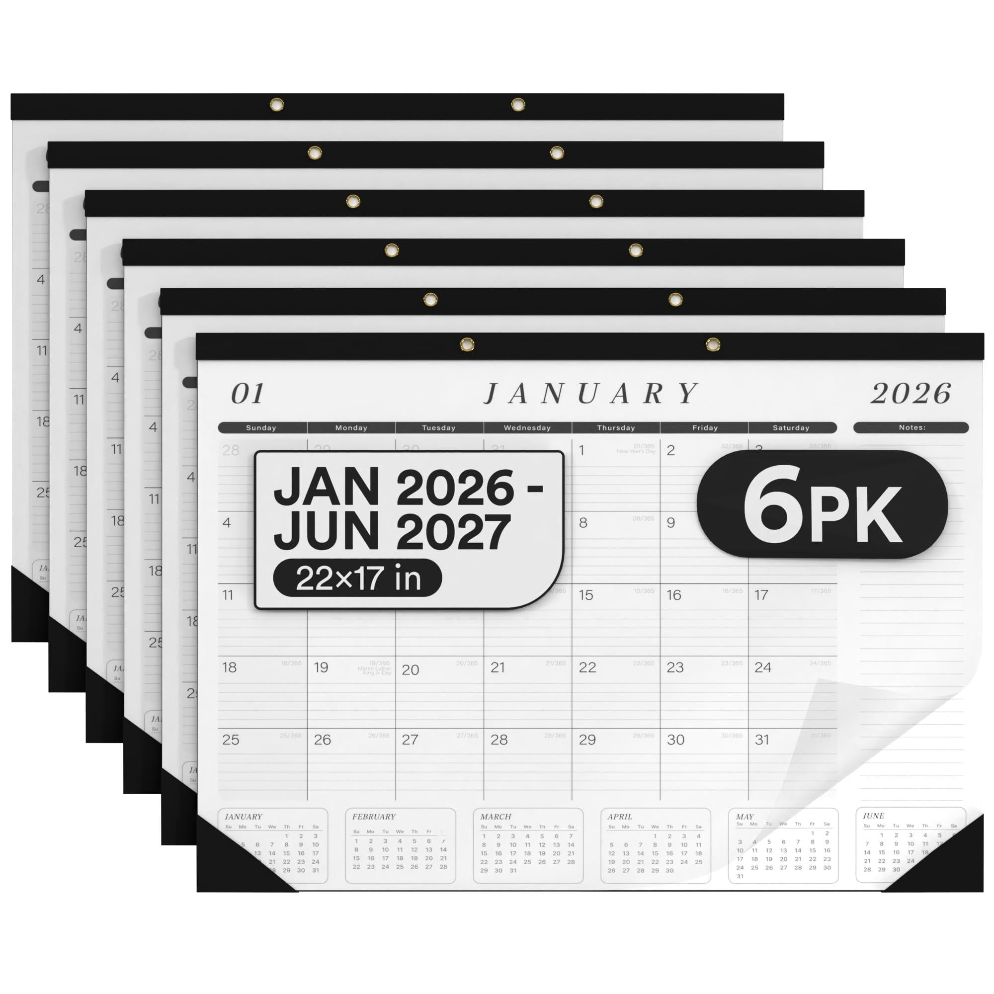 Desk Calendar 2026-2027 Large 22x17 Jan 2026 - Jun 2027 Blotter To-do List Planner (black & White 6 Pack)