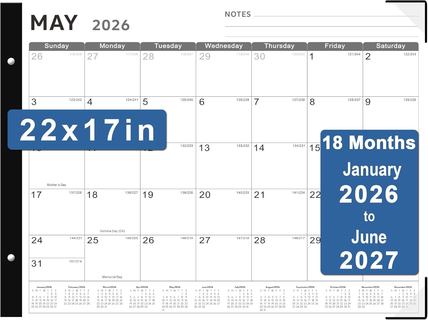 Desk Calendar 2026, 22" x 17" Large Calendar, 18 Mouths From January 2026 to June 2027, Desktop with Notes and Thick Paper for Home, Office School