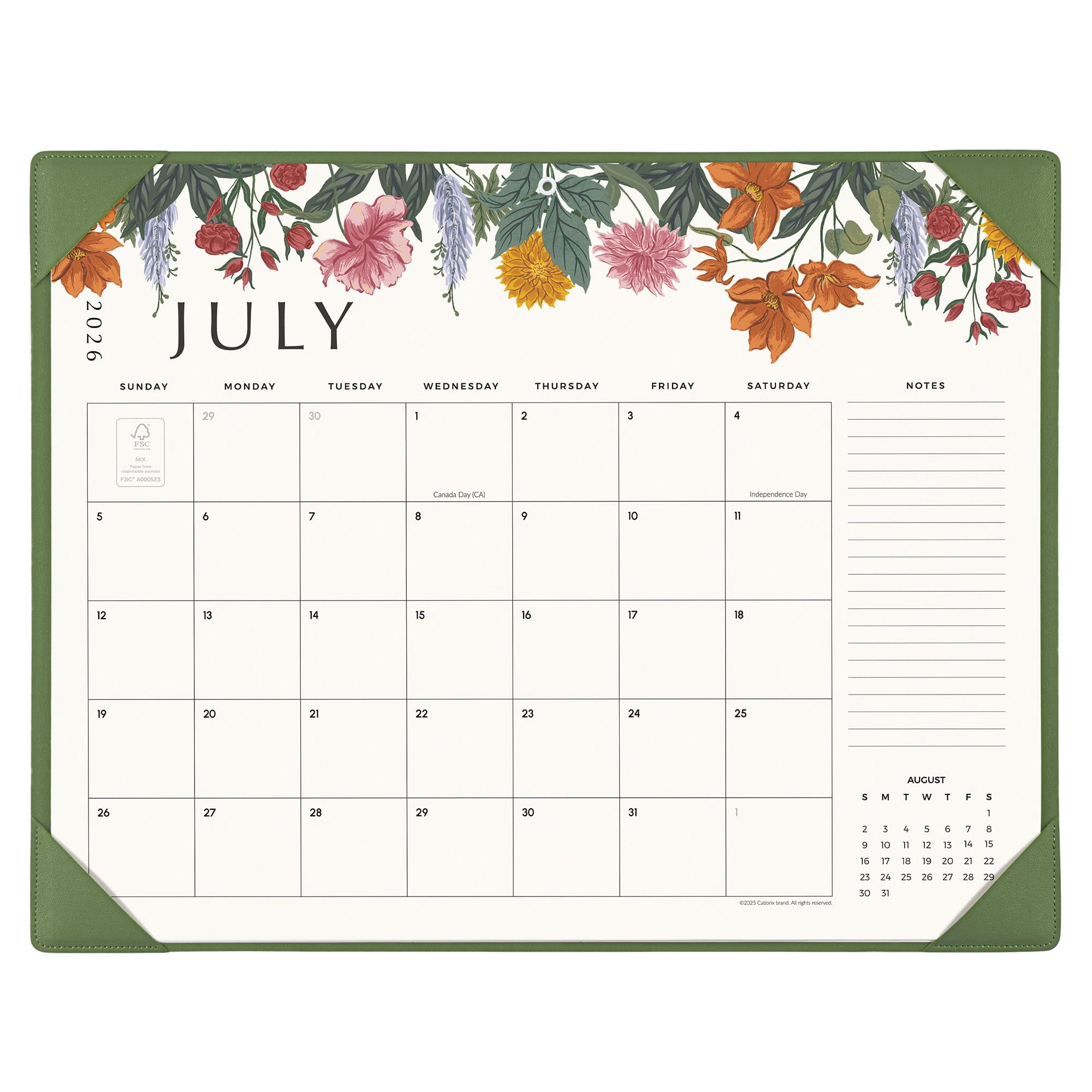 Desk Calendar 2026 With Desktop Mat  Large Pad 22 X 17 Inch Runs From July 2026 To December 2027 Classic Floral Design 2026 For Home School And Office (green)