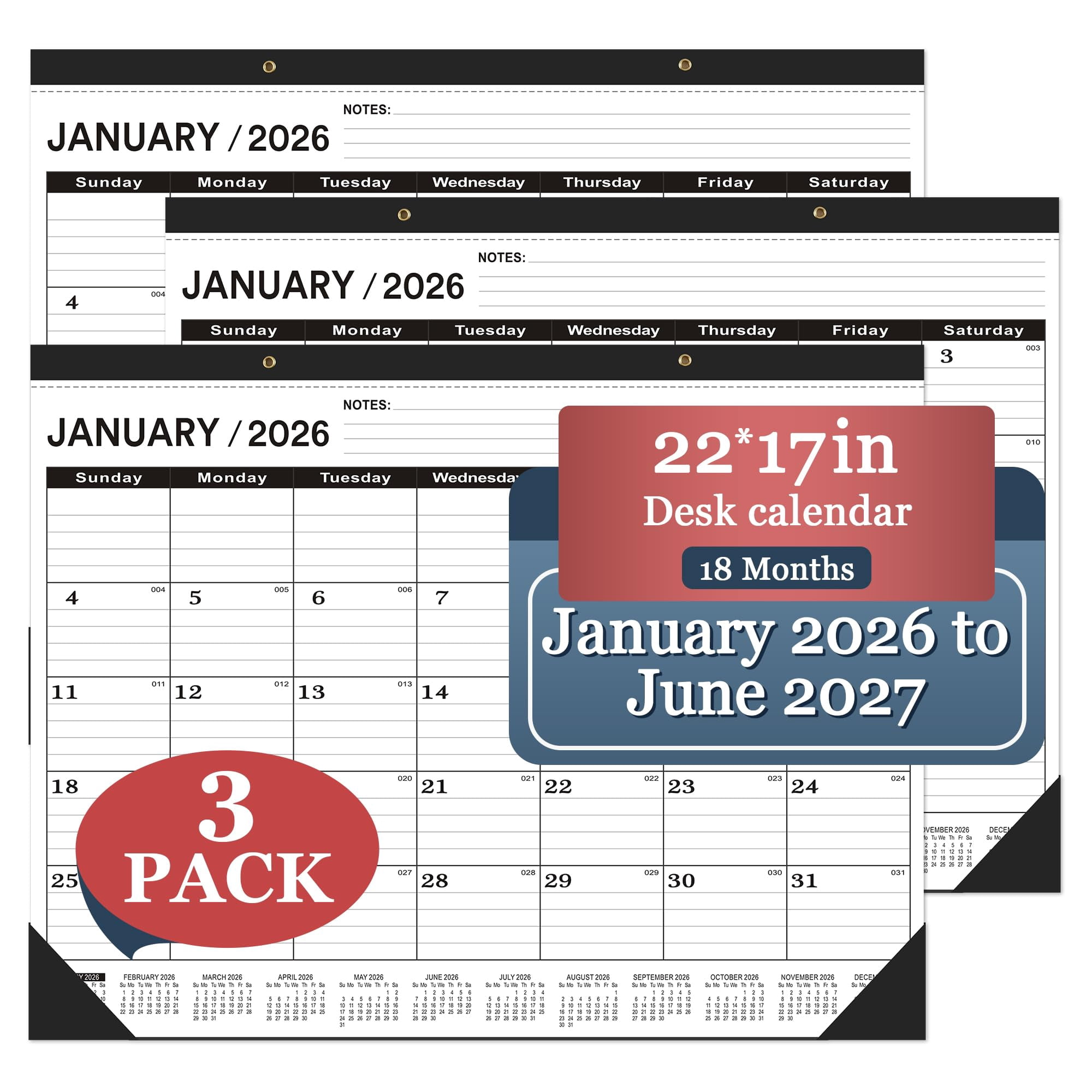 Desk Calendar 2026 Large 22 X17  2026-3 Pack-january 2026 To June 2027 2026 Classic Black 2026-2027 With Plastic Cover.