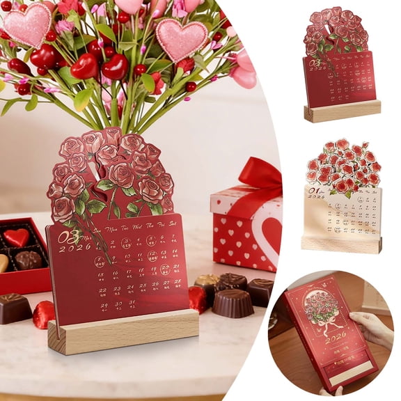 Desk Calendar 2026 Rose Illustration Wooden Desktop Calendar, Countdown Ornament with Holiday Markings and Gift Box Rkxzt