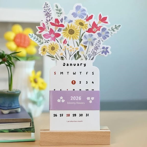Desk Calendar 2026 with Wooden Stand - Bloomy Flowers Floral Monthly Desktop Calendar, Detachable Pages with Memo Notes, Decorative Office Table Planner Gift
