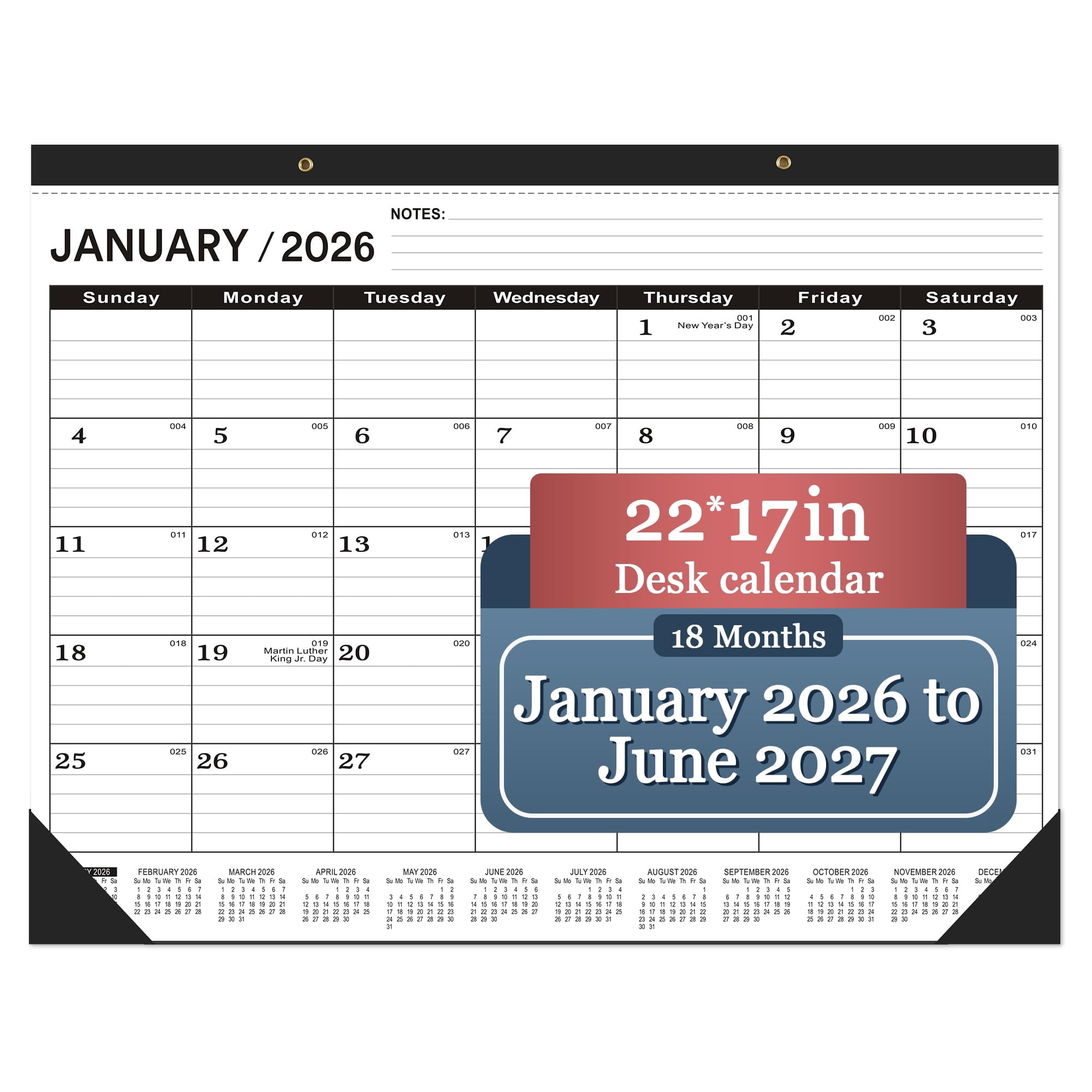 Desk Calendar 2026(january 2026 - June 2027) 2026 Large 22 X17 2026 Classic Black 2026-2027 With Plastic Cover