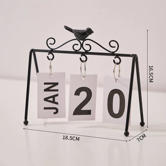 Desk Calendar Standing Flip, Vintage Perpetual Flip Calendar Metal Bird Decor Reusable Desk Accessories for Home Office Decor Black