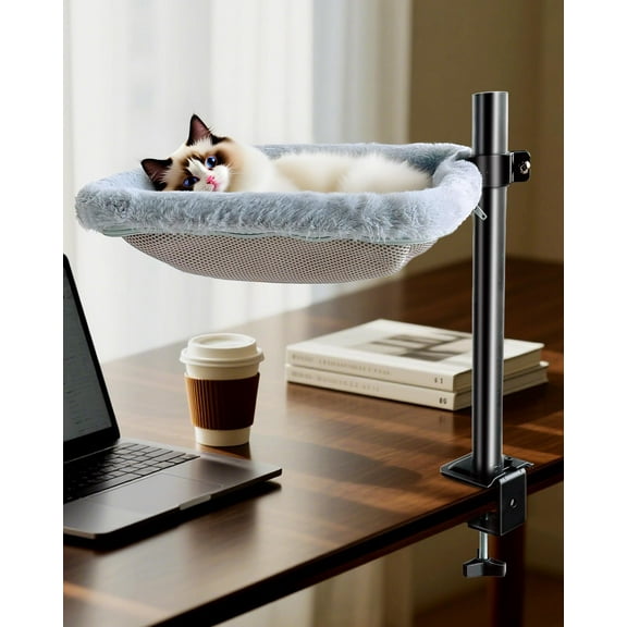 NRYDEPET Cat Desk Bed – Adjustable Desk Cat Hammock with 360° Rotating Arm, Dual-Sided Washable Cover, 35LB Capacity, 17"x14", Metal Frame