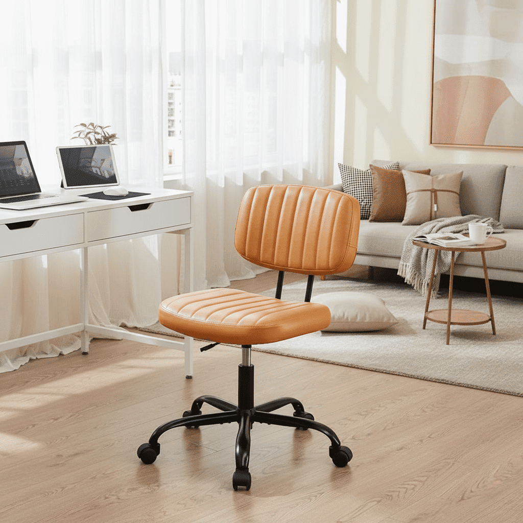 Desk Chair, Armless Activity Chair with Wheels, Comfy Low Back Swivel Task Chair, Brown