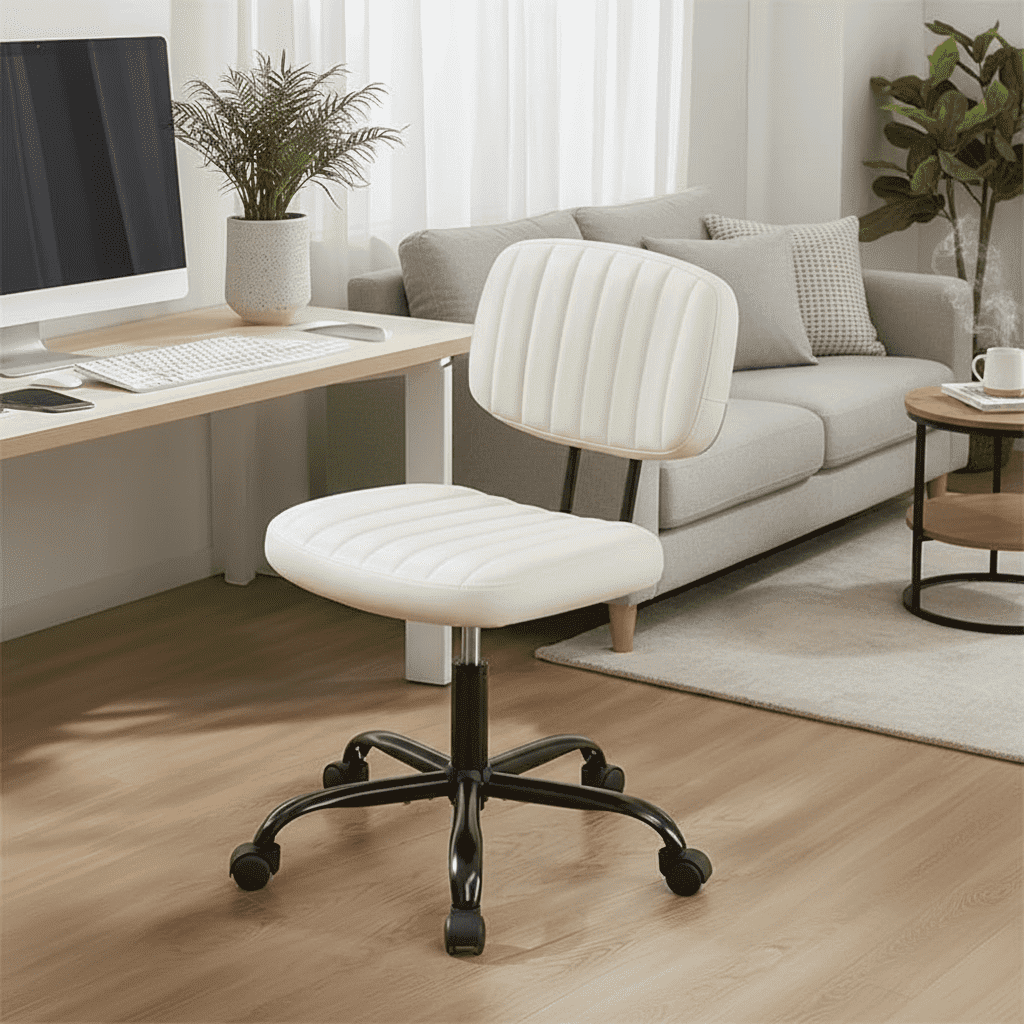 Desk Chair, Armless Activity Chair with Wheels, Comfy Low Back Swivel Task Chair, White