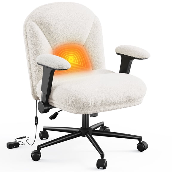 Desk Chair with Heated Teddy Velvet Comfortable Vanity Chair for Office Home Height Adjustable Criss Cross Chair with Wheels & Flip-up Armrests, White
