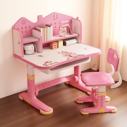 Desk and Chair Set, Height Adjustable Kids Study Table and Chair Set, Children School Desk with Storage Drawer and Book Stand, Ergonomic Child Toddler Deskwith Sitting Posture Corrector (Pink #6)