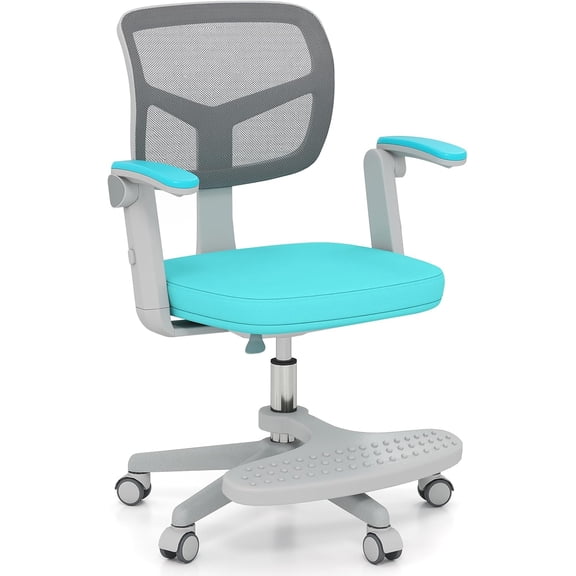 Desk Chair, Student Ergonomic Computer Chair with Wheels, Footrest, Adjustable Height, Flip-up Armrests & Soft Removable Cushion, Swivel Rolling Office Chair for 3-15 (Blue)
