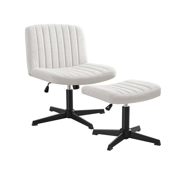 Desk Chair No Wheels Arms, Armless Office Chair with Ottoman, Cross Legged Wide Fabric Padded Home Office Chair Task Chair for Bedroom, Dorm, Home, Apartment, Indoor, White