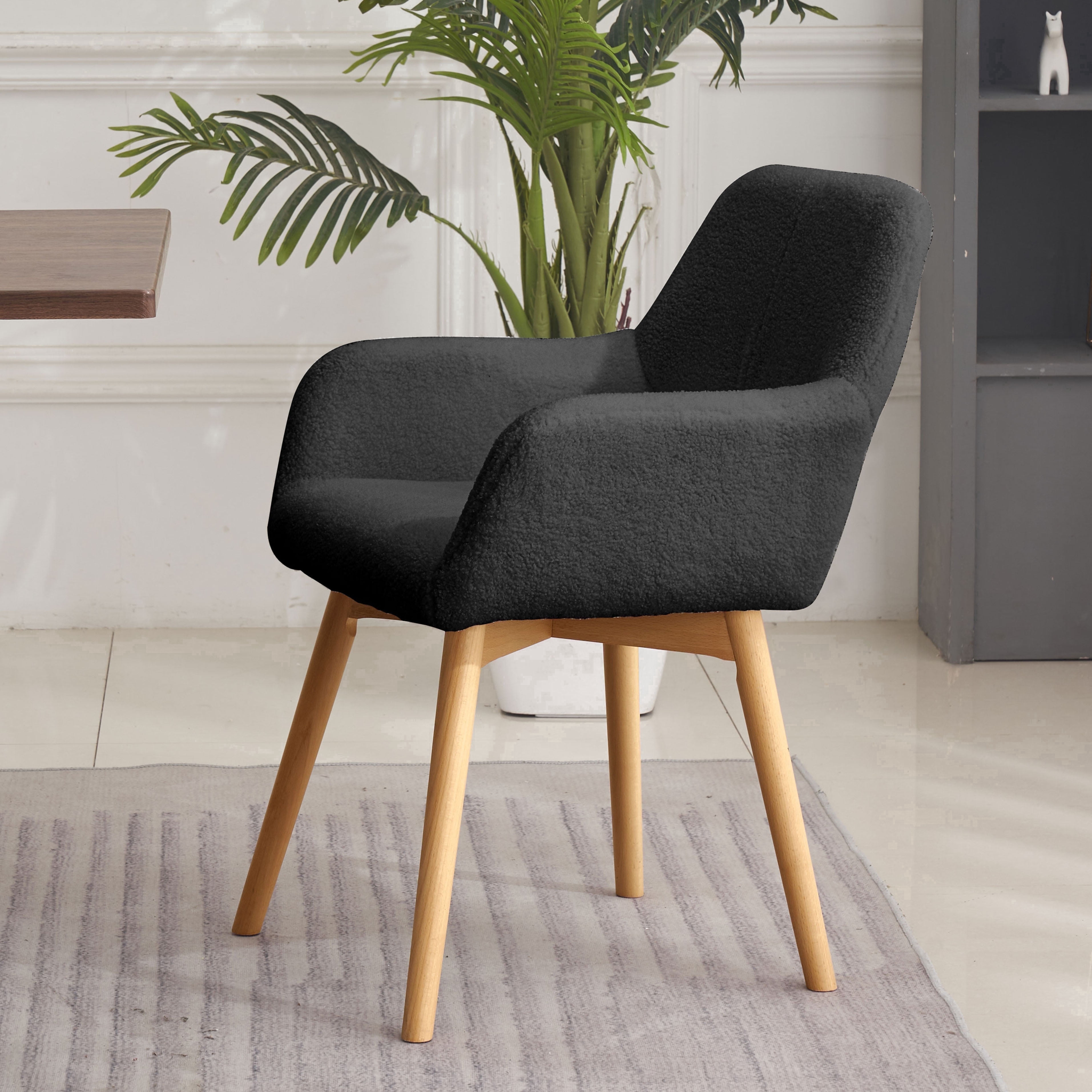 Desk Chair No Wheels Vanity Chair Makeup Chair Comfy Accent Chair for Living Dining Room Bedroom Home Office Mid Century Modern Upholstered Arm Chair Sofa Chair (Wool Black, 1)