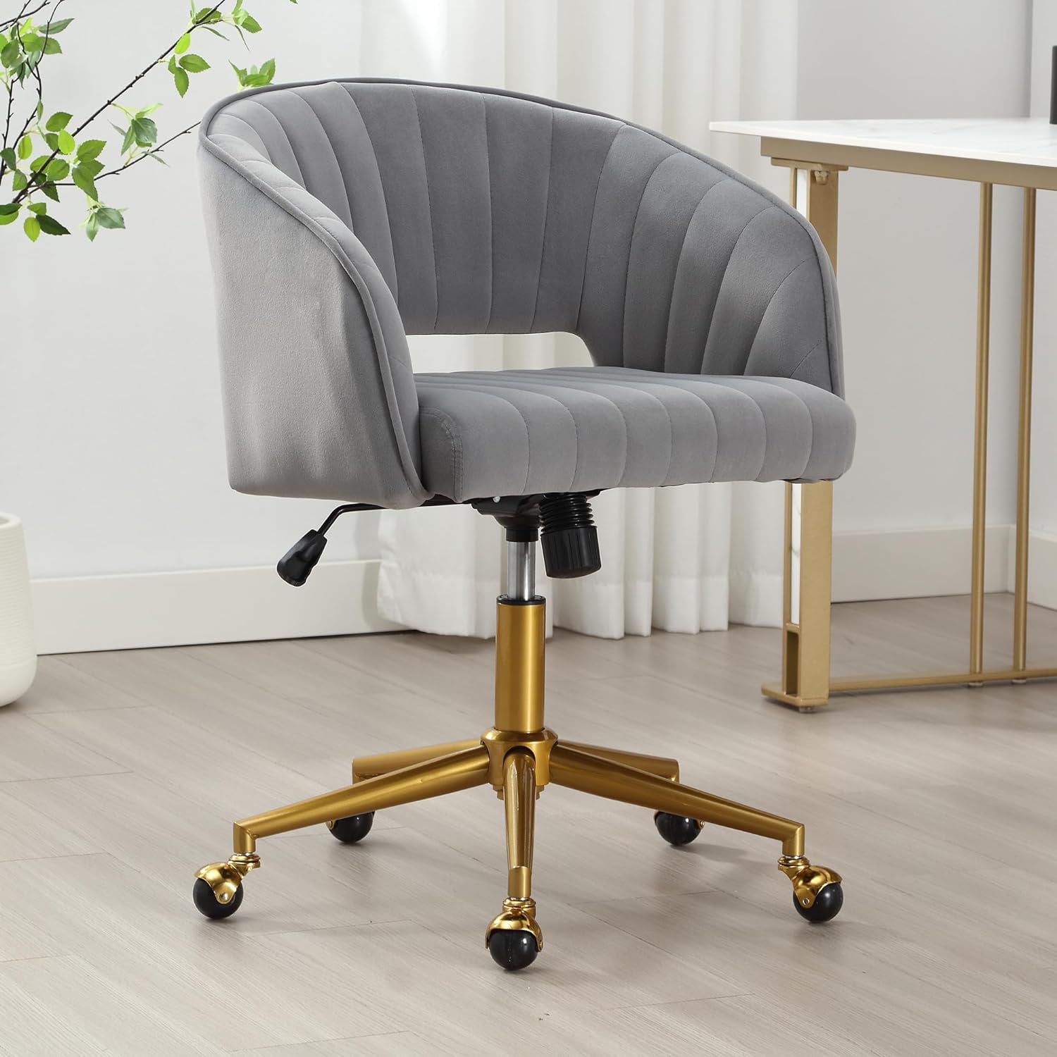 Desk Chair with Wheels Velvet Office Chair Swivel Armchair Gold Base Upholstered Modern Accent ...