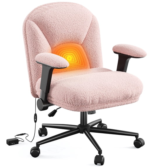Desk Chair with Heated Teddy Velvet Comfortable Vanity Chair for Office Home Height Adjustable Criss Cross Chair with Wheels & Flip-up Armrests, Pink
