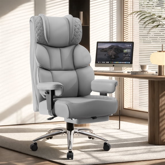 FASTES Office Chair, Big and Tall Desk Chairs with Footrest 400lbs Gaming Chair Ergonomic Executive High-Back Reclining Computer Chair Swivel Wheels and Padded Lumbar Support, Gray