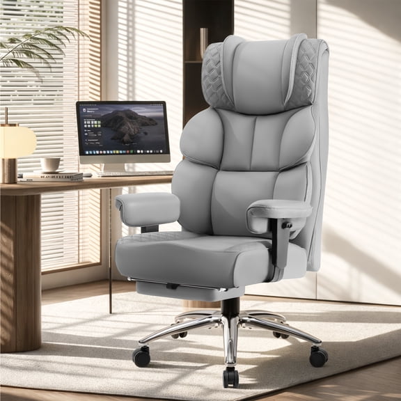FASTES Office Chair, Big and Tall Desk Chairs with Footrest 400lbs Gaming Chair Ergonomic Executive High-Back Reclining Computer Chair Swivel Wheels and Padded Lumbar Support, Gray