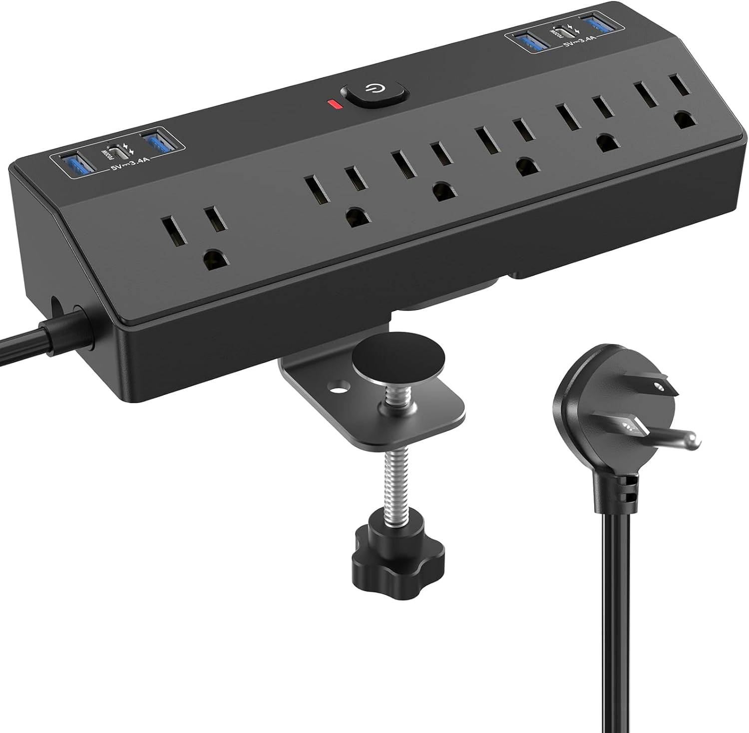 Desk Clamp with 40W Fast Charging Station, 10FT Flat Plug Desk Mount Surge Protector, Removable Extension Cord with 2 USB-C Ports 6 Outlets, Fits 1.8" Tabletop Edge
