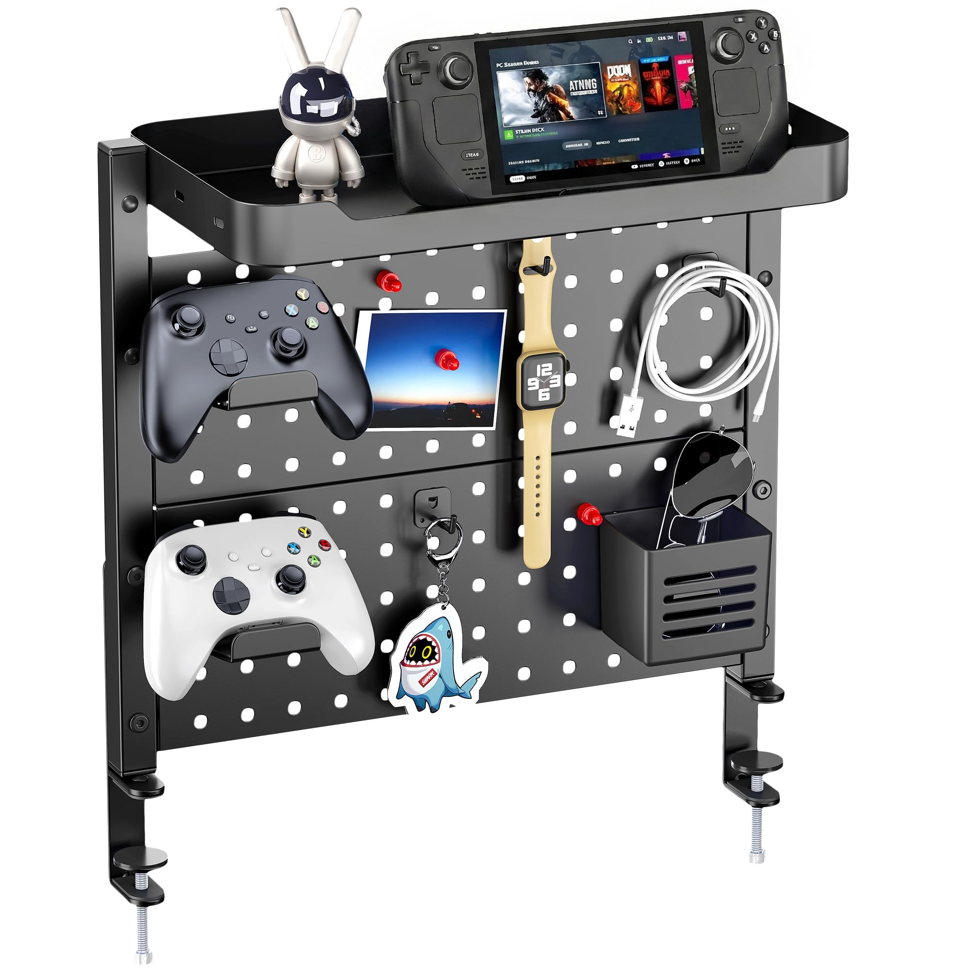 Desk Clamp On Pegboard With 16 Inches Organizer Shelf  Adjustable Above Or Under Storage Holds 44 Lbs Magnetic Metal Peg Board For Office And Gaming Accessories Black