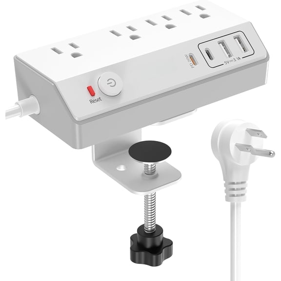 Desk Clamp Power Strip 10FT with PD 20W   USB C,  Desk Mount Power Strip Surge Protector, Removable Extension Cord with 4 Outlets 4 USB Ports, Fit 1.8" Tabletop Edge, White