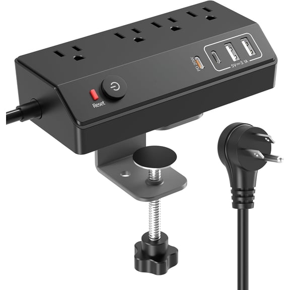 Desk Clamp Power Strip 10FT with PD 20W   USB C,  Desktop Mount Power Strip Surge Protector, Removable Extension Cord with 4 Outlets 4 USB Ports, Fit 1.8" Tabletop Edge, Black