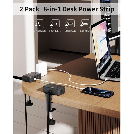 Desk Clamp Power Strip, 2 Pack Desktop Mount Charging Station with 4 Outlets 4 USB Ports (2 USB C), 10Ft Under Desk Power Strip, Fits 2.75" Tabletop Edge, Extension Cord for Home Office, Black