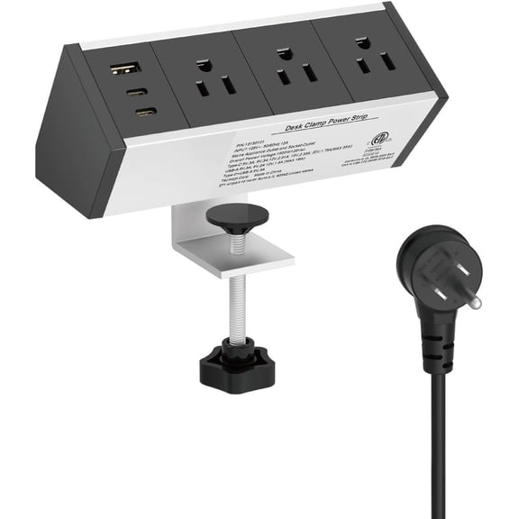Desk Clamp Power Strip 3 Outlet with 1 A and 2 C Ports, 6 ft Cord, Desk Outlet Station Fit 1.6" Tabletop Edge,ETL Listed,Black